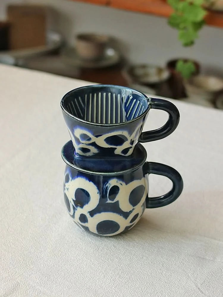 Hand-painted Japanese-style blue & white ceramic dripper & mug set.